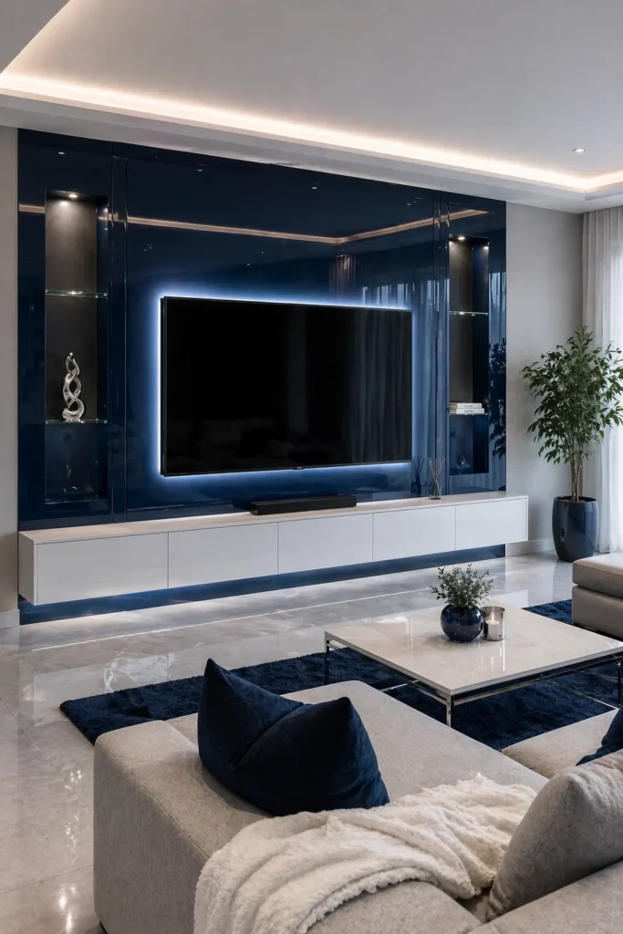 Navy Glass Panel Media Wall Idea