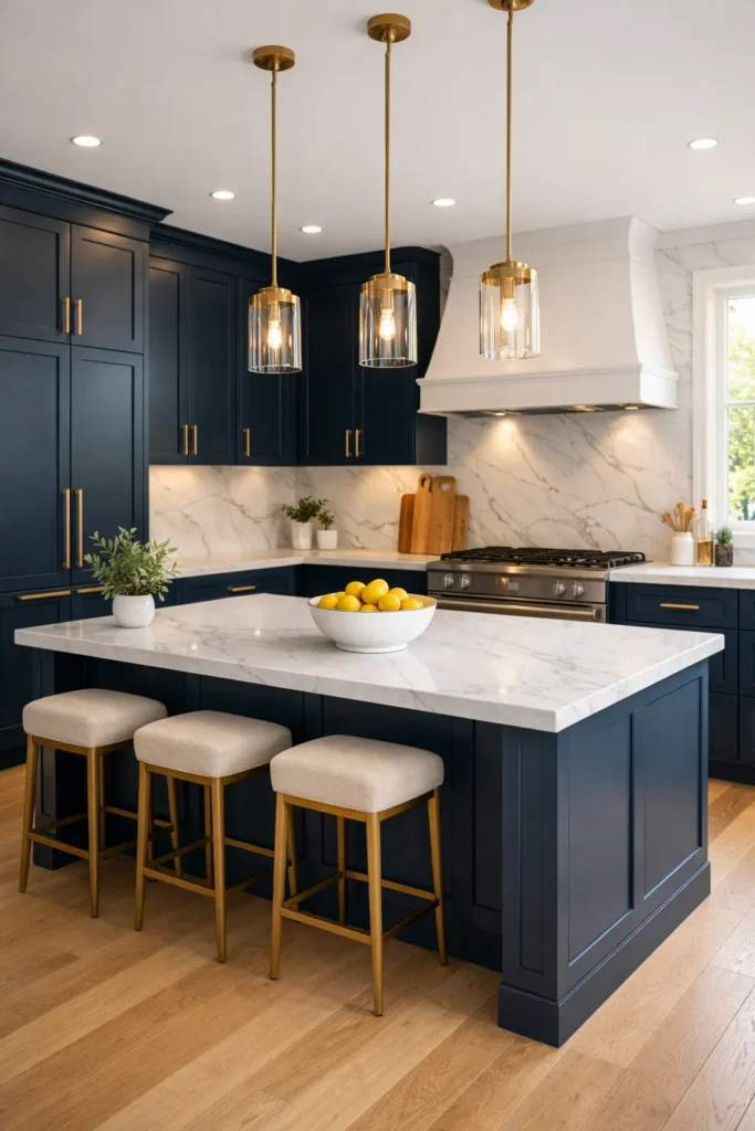 Navy Blue Cabinets with White Marble Elegance Idea