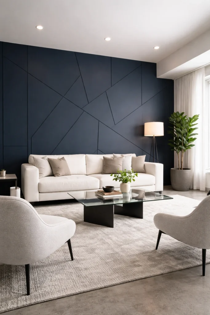 Navy Blue Geometric Living Room Wall Paneling Idea