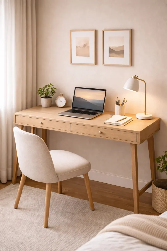 Neutral Beige Productivity Desk Setup Idea