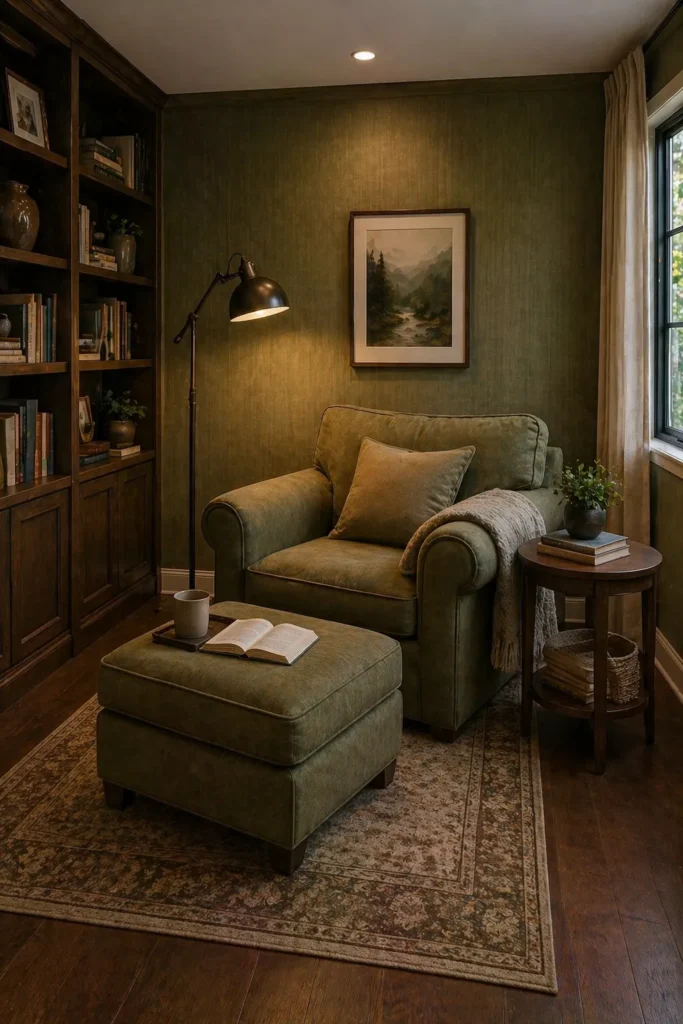 Olive Green Reading Room Retreat Idea