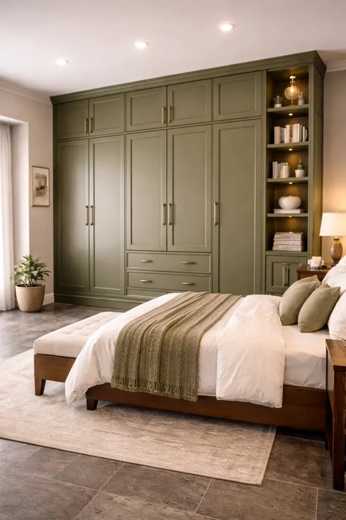 Olive Green Wardrobe with Side Bookcase Storage Idea