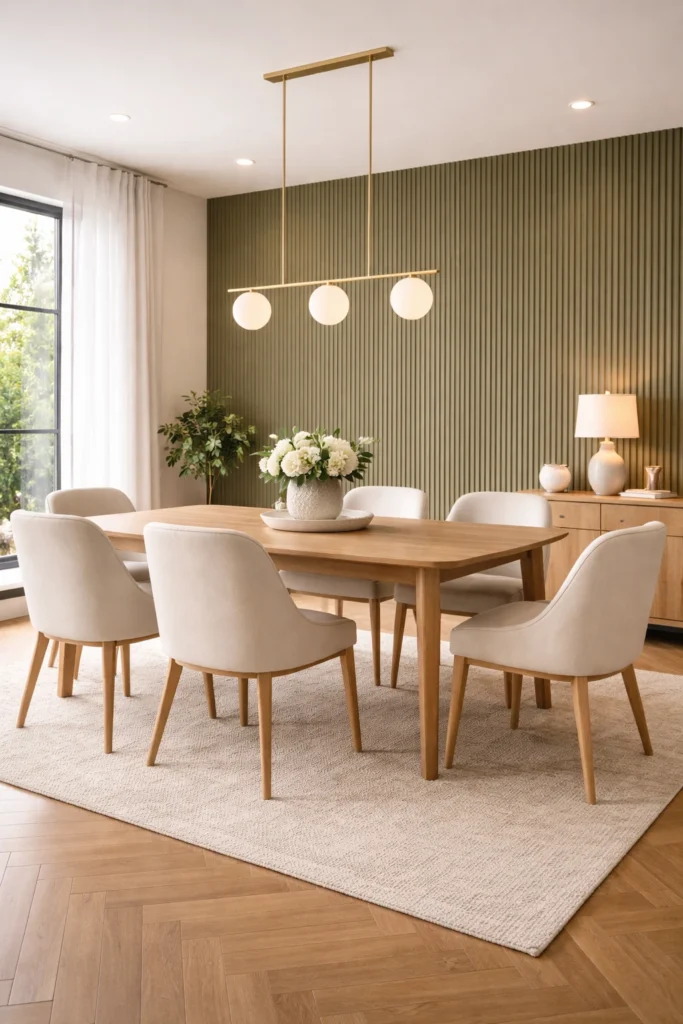 Olive Green Fluted Dining Room Wall Paneling Idea