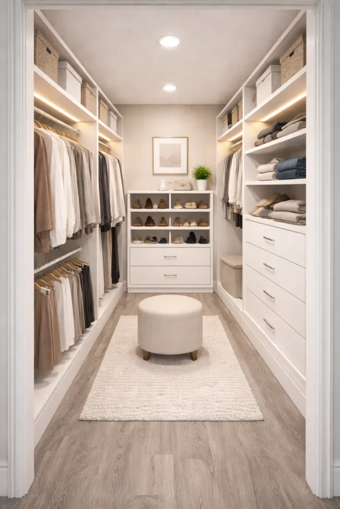 Open Shelving Walk-In Closet With Double Hanging Rods Idea