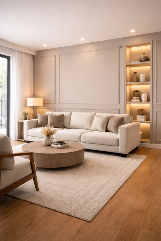 Paneling With Built-In Shelf Living Room Wall Idea