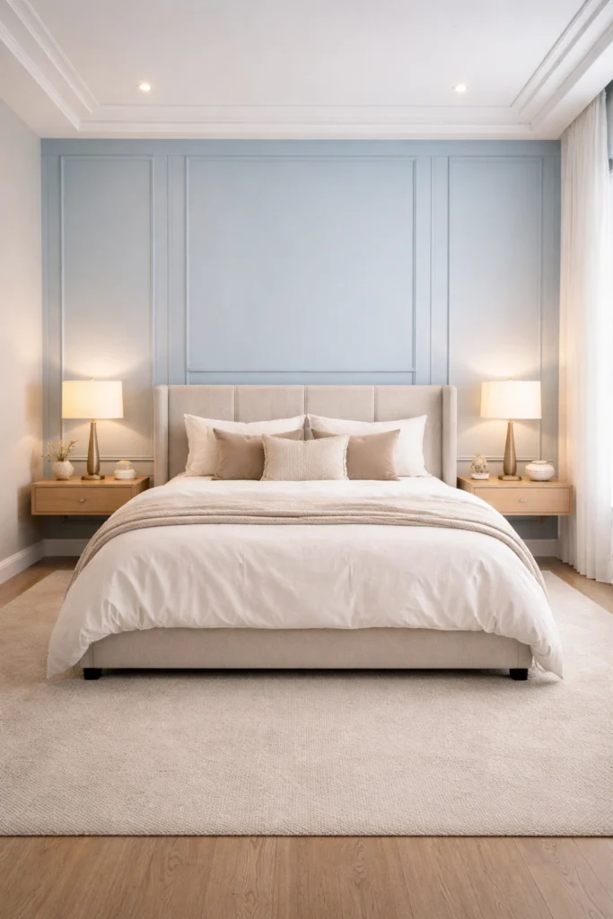 Pastel Blue Bedroom Wall Paneling Idea