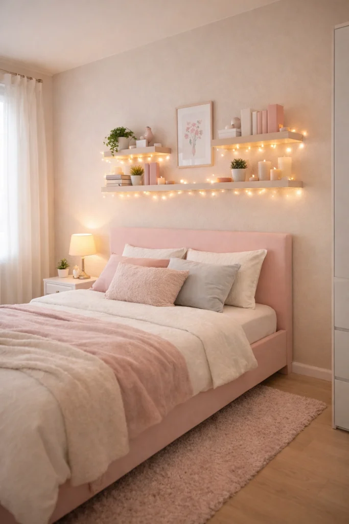 Pastel Pink Shelf Styling Bedroom Idea