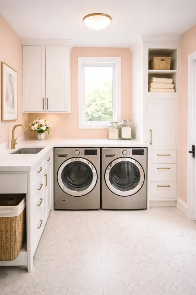 Peach and White Soft Modern Laundry Room Idea
