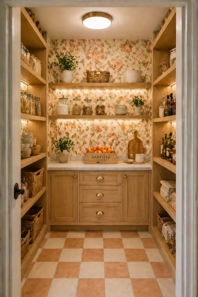 Peach Floral Wallpaper Charming Breakfast Pantry Idea