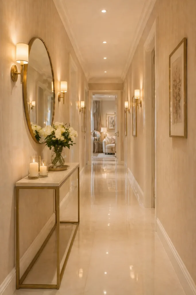 Pearl Beige Silk Texture Hallway Wallpaper Idea