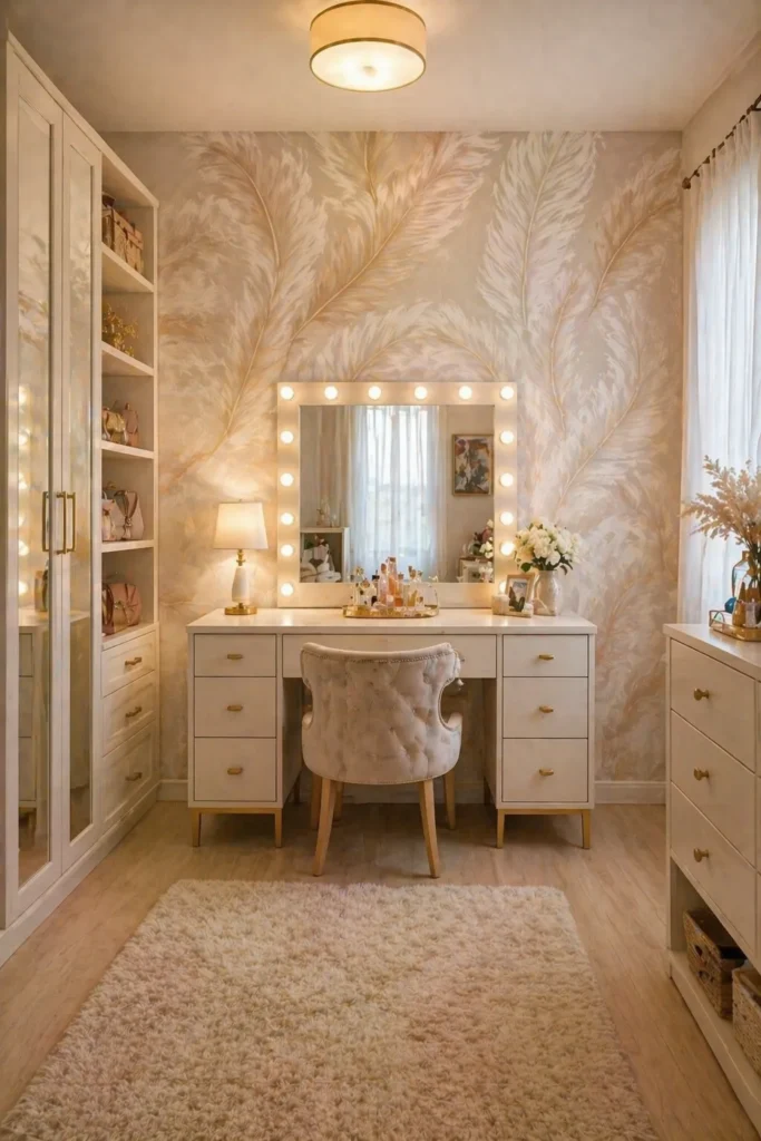 Pearl Feather Glam Dressing Room Wall Idea