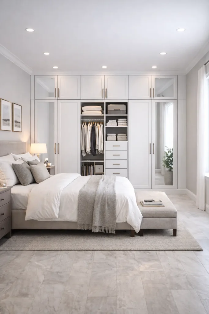 Pearl White Wardrobe with Mirror Side Panels Idea