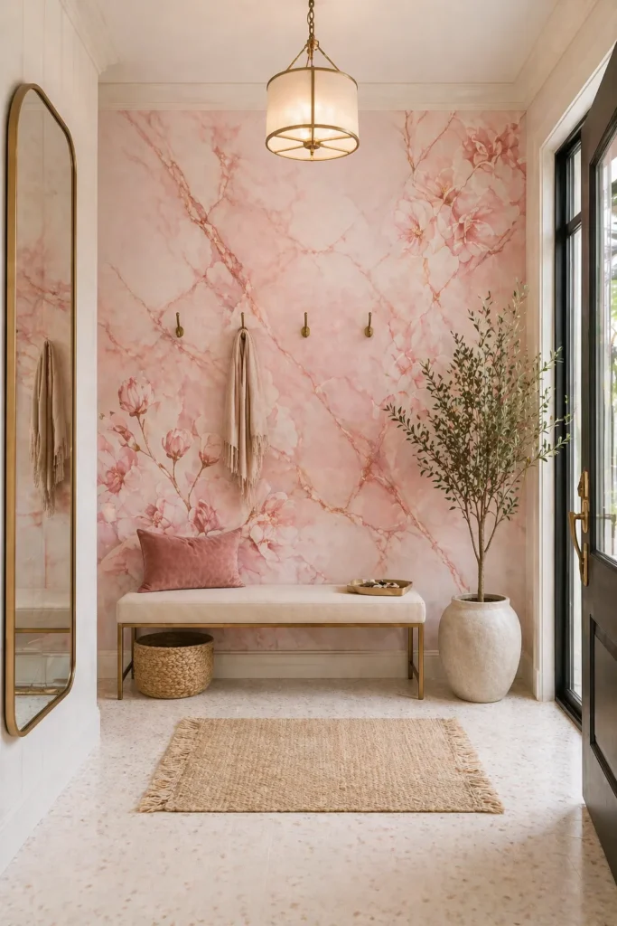Pink Marble Bloom Wallpaper for Entryway Impact Idea