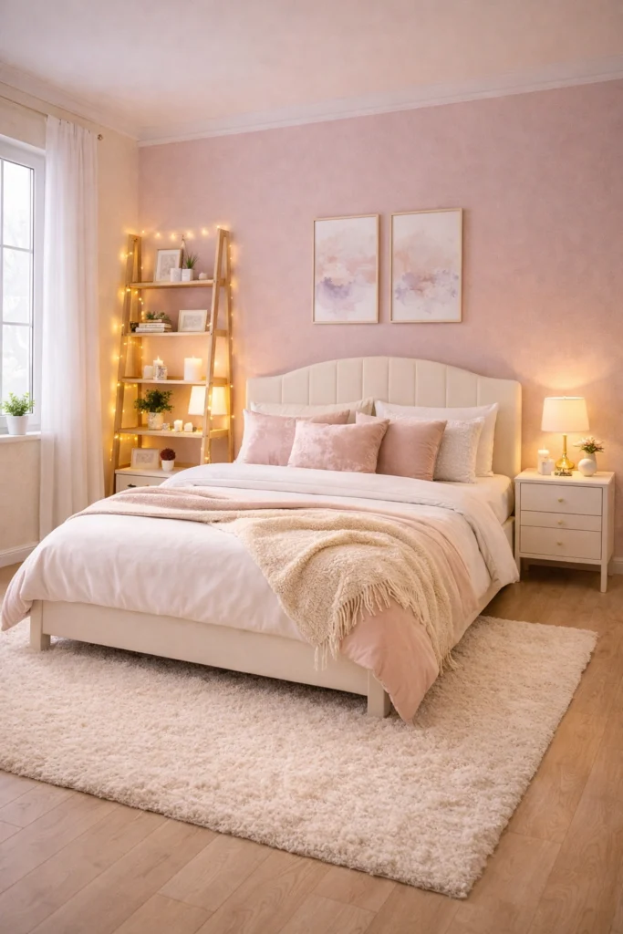Pink Ladder Shelf Bedroom Idea