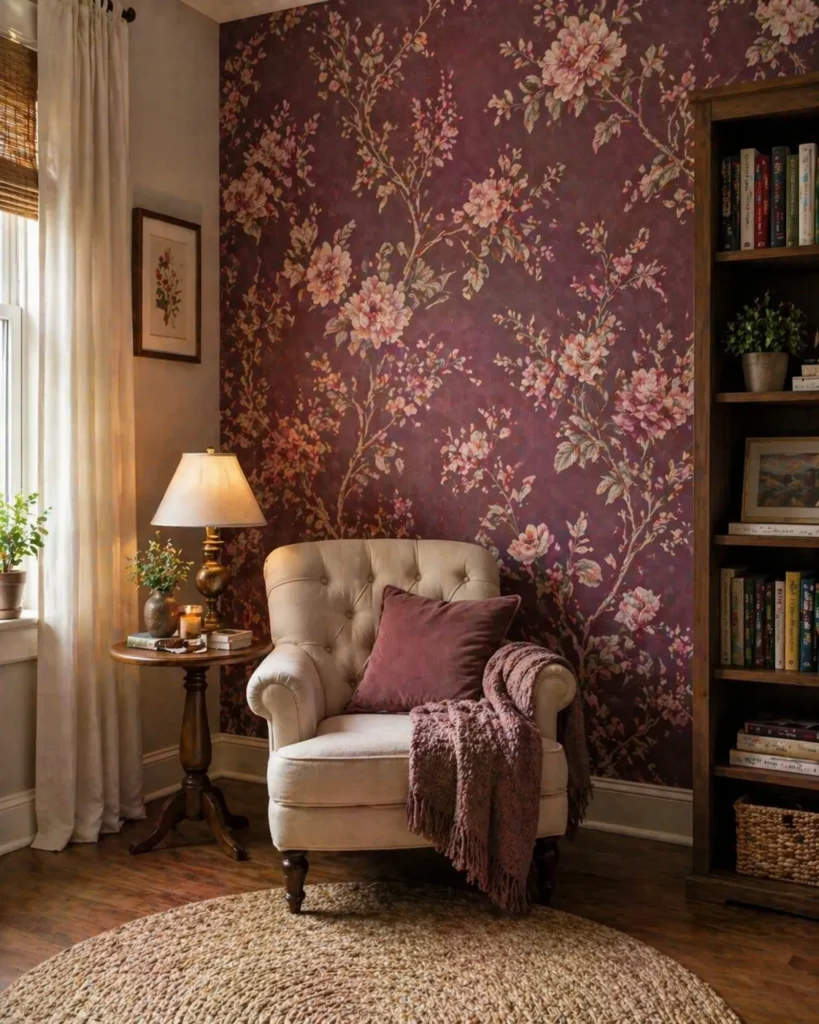 Plum Floral Reading Corner Wall Idea