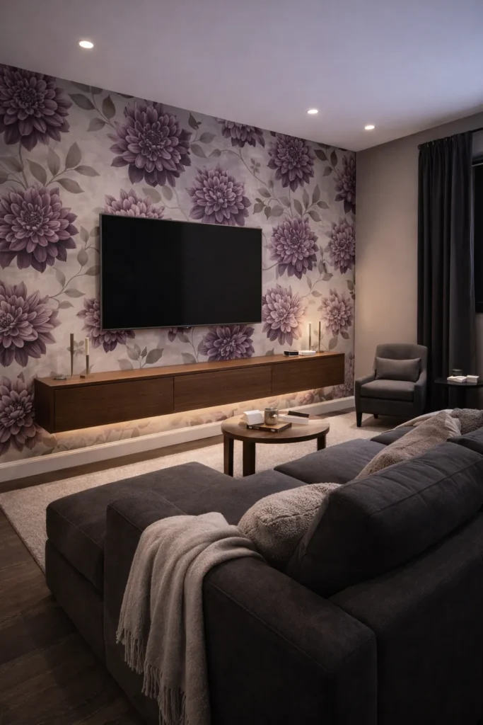 Plum Dahlia Floral Wallpaper Stylish Media Room Idea