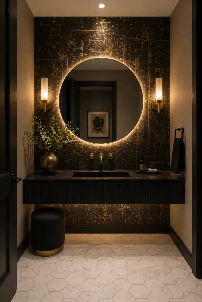 Powder Room with Black Metallic Wallpaper Idea