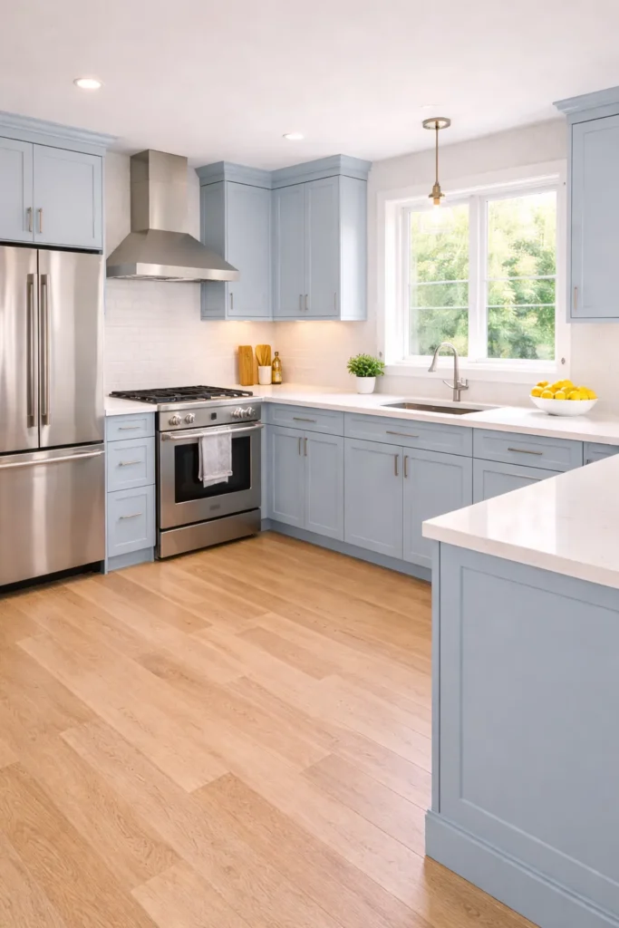 Powder Blue Kitchen with Large Window Light Idea