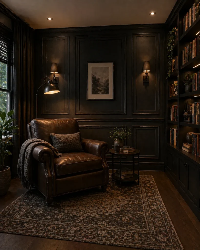 Reading Room with Black Library Panel Wallpaper Idea