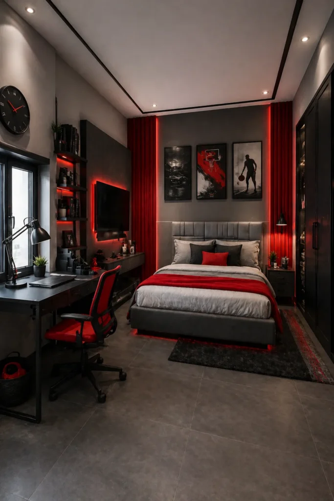 Red Accent Cool Bedroom Idea