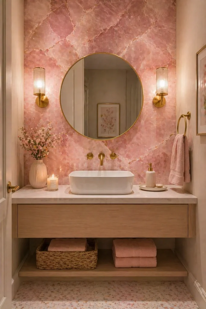 Rose Quartz Wallpaper for Powder Room Statement