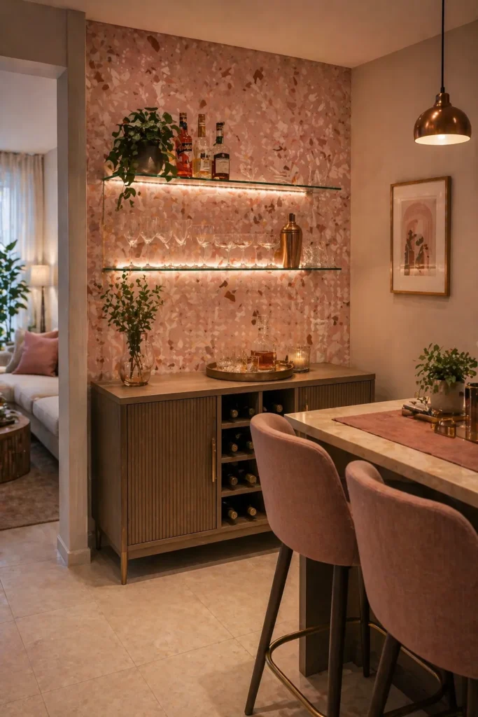 Rose Beige Terrazzo Wallpaper for Home Bar Corner Idea