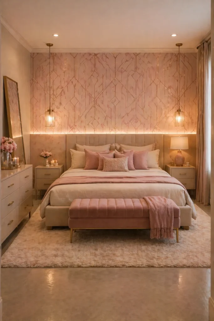 Rose Gold Geometric Bedroom Wall Idea