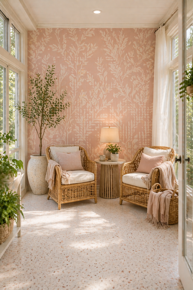 Rose Mist Botanical Wallpaper for Sunroom Retreat Idea