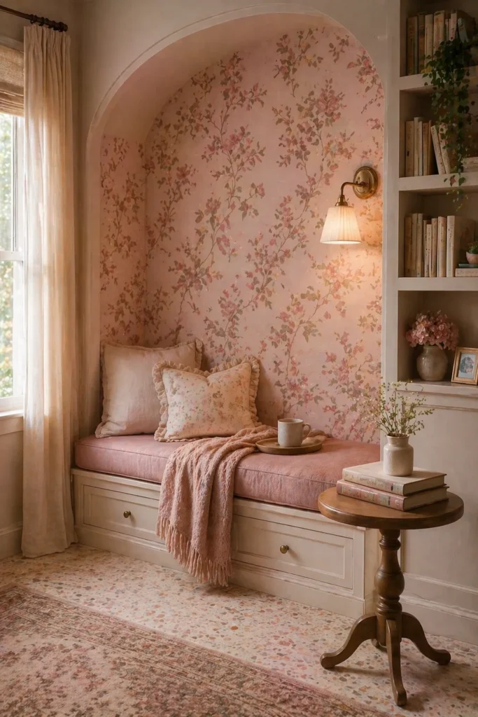 Rosewater Floral Wallpaper for Reading Corner Nook Idea