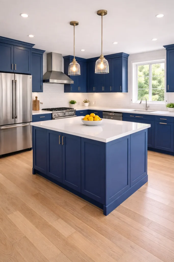 Royal Blue Cabinets with Bright White Modern Kitchen Idea