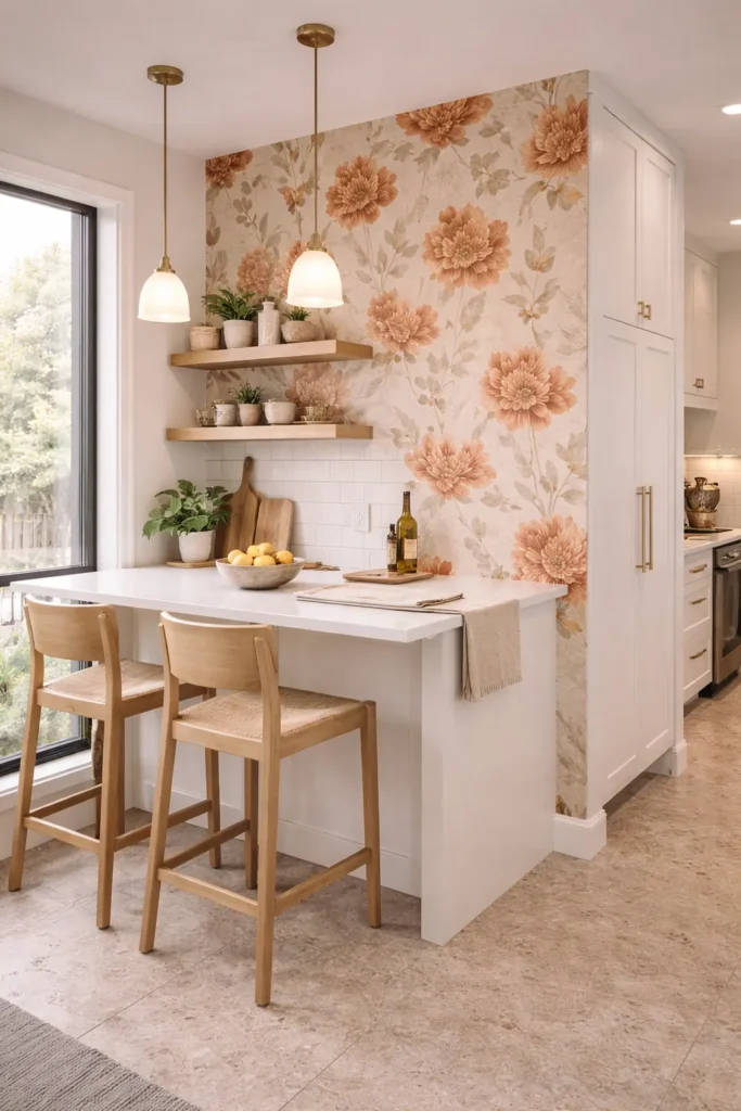 Rust Floral Wallpaper Warm Kitchen Corner Idea