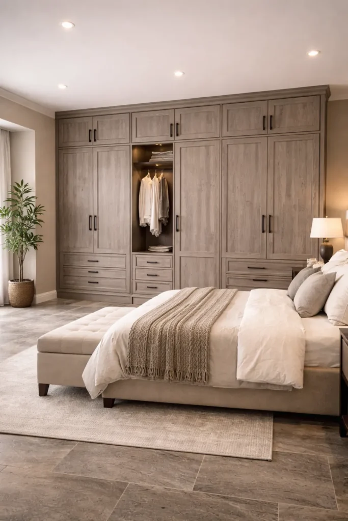 Rustic Grey Oak Wardrobe with Black Iron Hardware Idea
