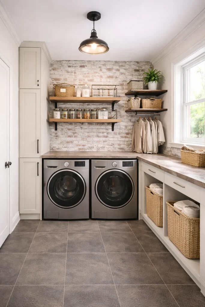 Rustic Chic Laundry Room with Brick Feature Wall Idea