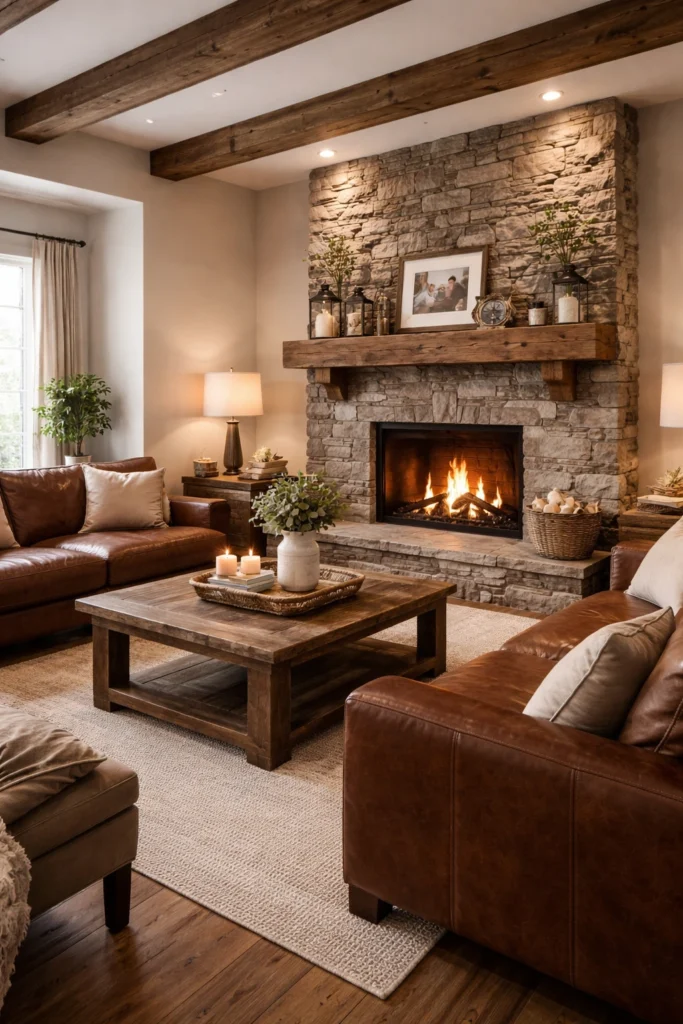 Rustic Stone Fireplace With Wooden Beam Mantel Idea