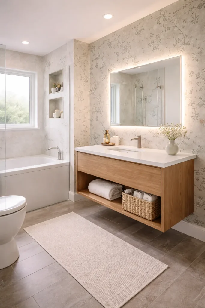 Sage Floral Wallpaper Relaxing Bathroom Idea