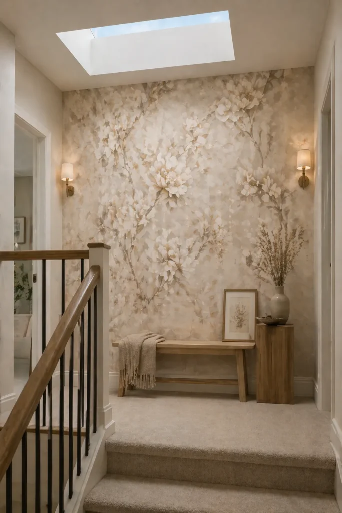 Sand Floral Wallpaper Peaceful Stair Landing Idea