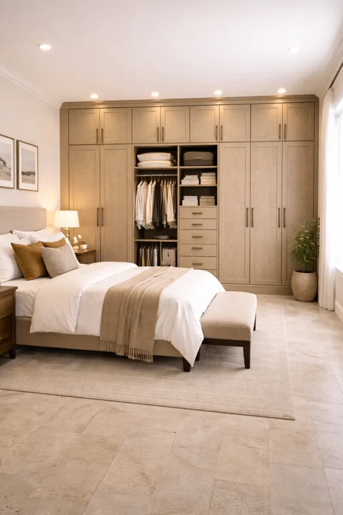 Sandstone Textured Wardrobe with Bronze Handles Idea