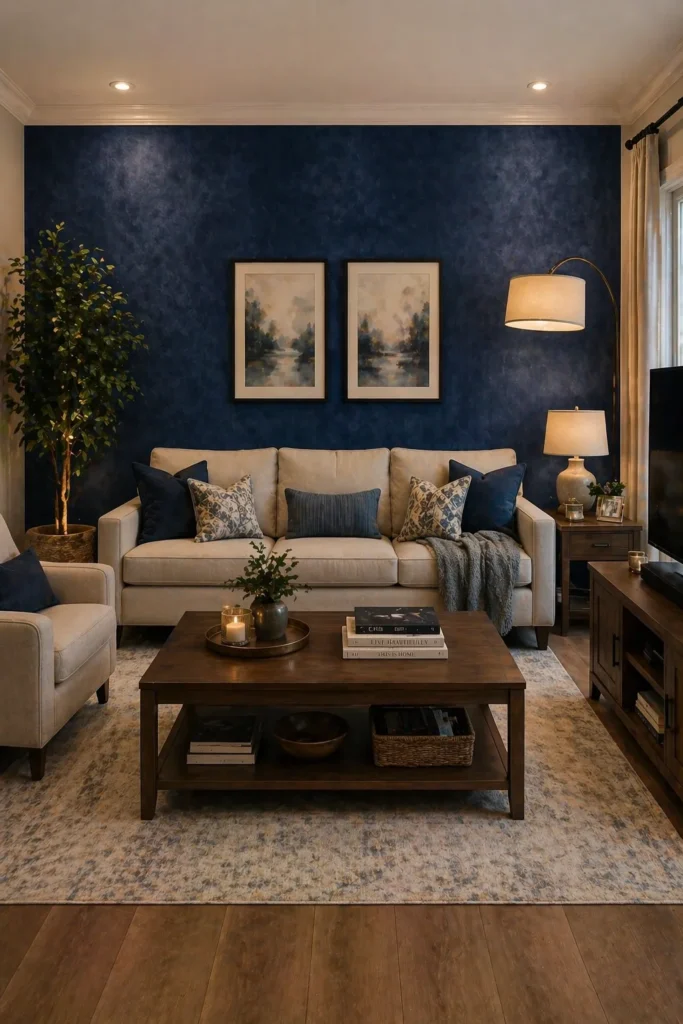 Sapphire Velvet Texture Lounge Wall Idea