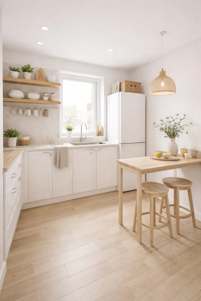 Scandinavian Light-Tone Kitchen with Open Shelves Idea