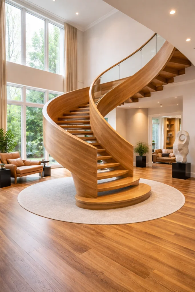 Sculptural Curved Wooden Staircase in Double-Height Living Room Style