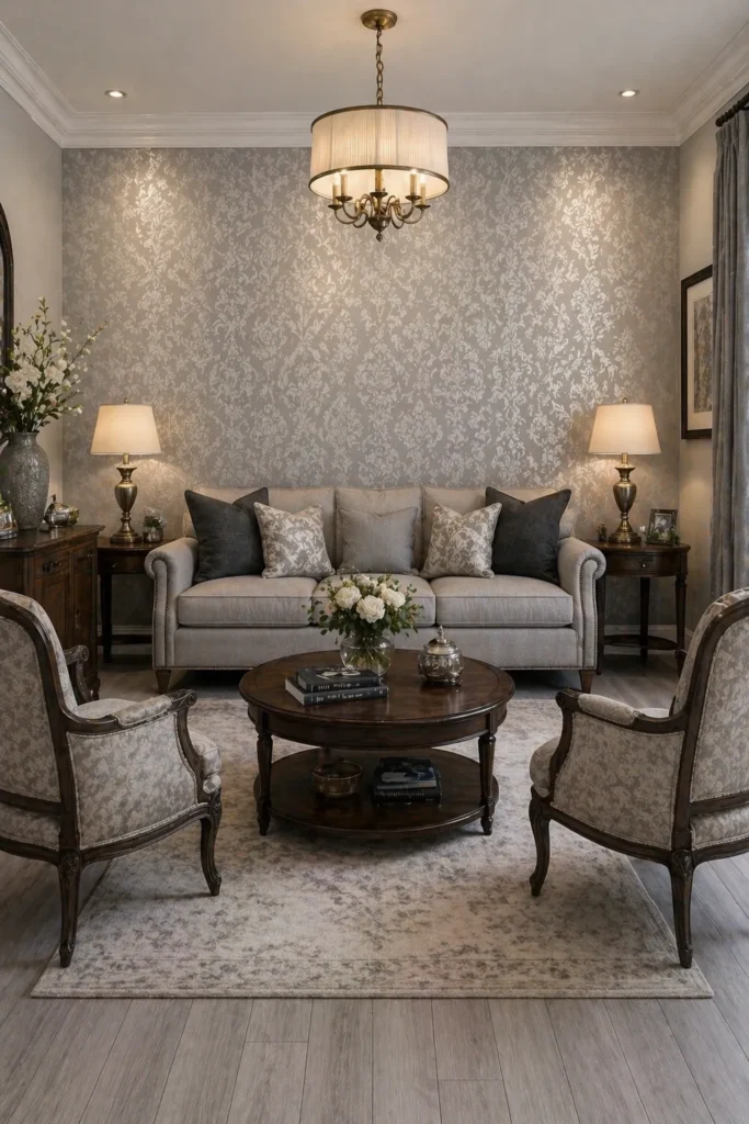 Silver Damask Formal Sitting Room Wall Idea