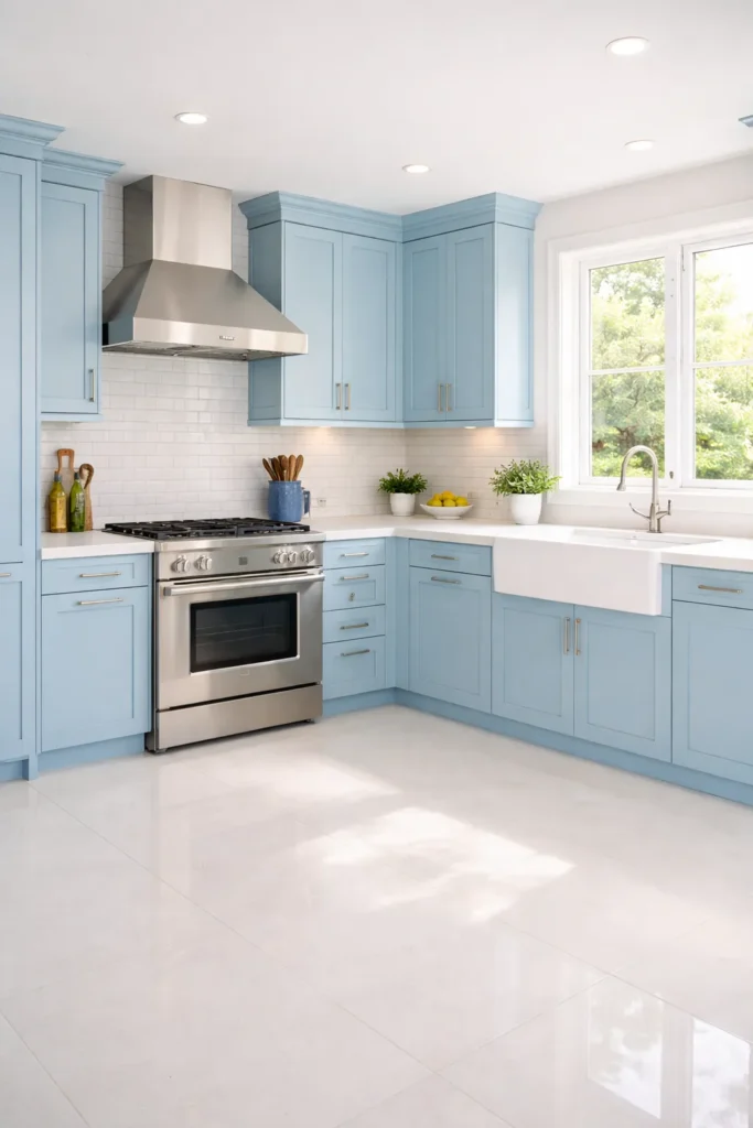 Sky Blue Cabinets with Bright Airy Kitchen Idea