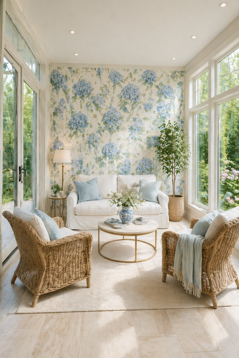 Sky Blue Floral Wallpaper Airy Sunroom Retreat Idea