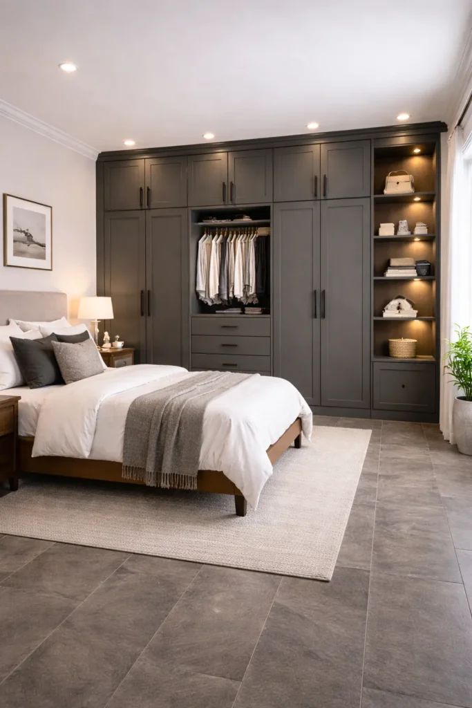 Slate Grey Wardrobe with Open Corner Display Idea
