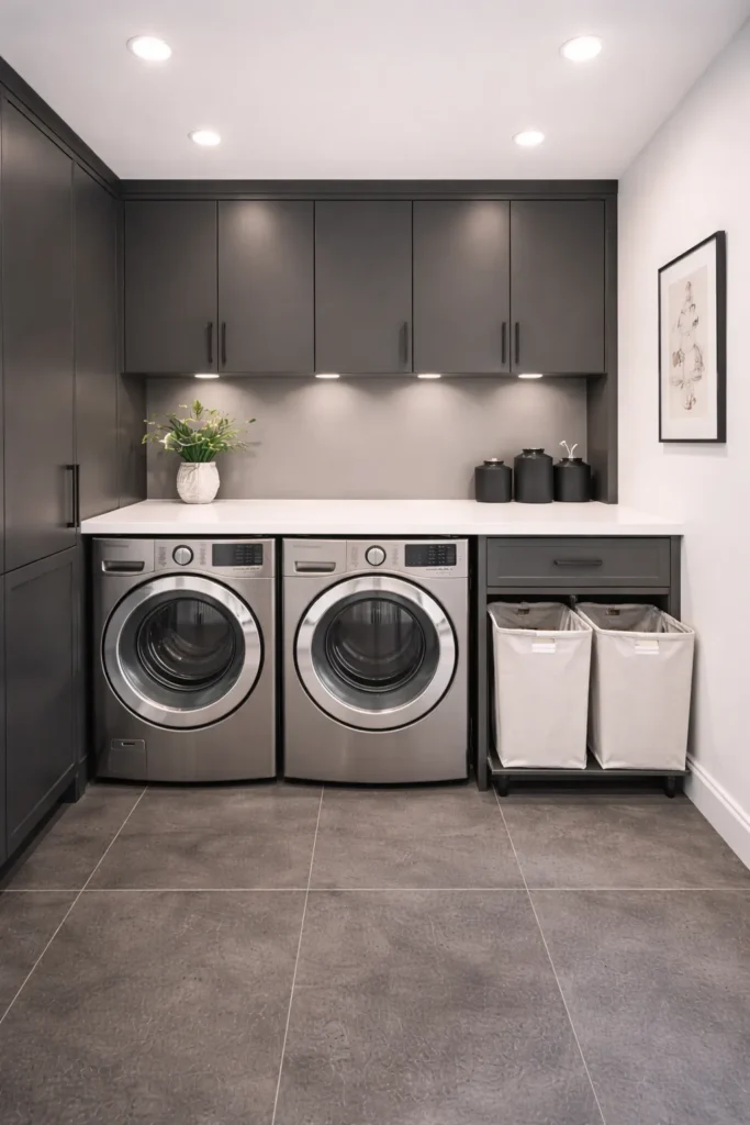 Sleek Monochrome Laundry Room with Matte Finishes Idea