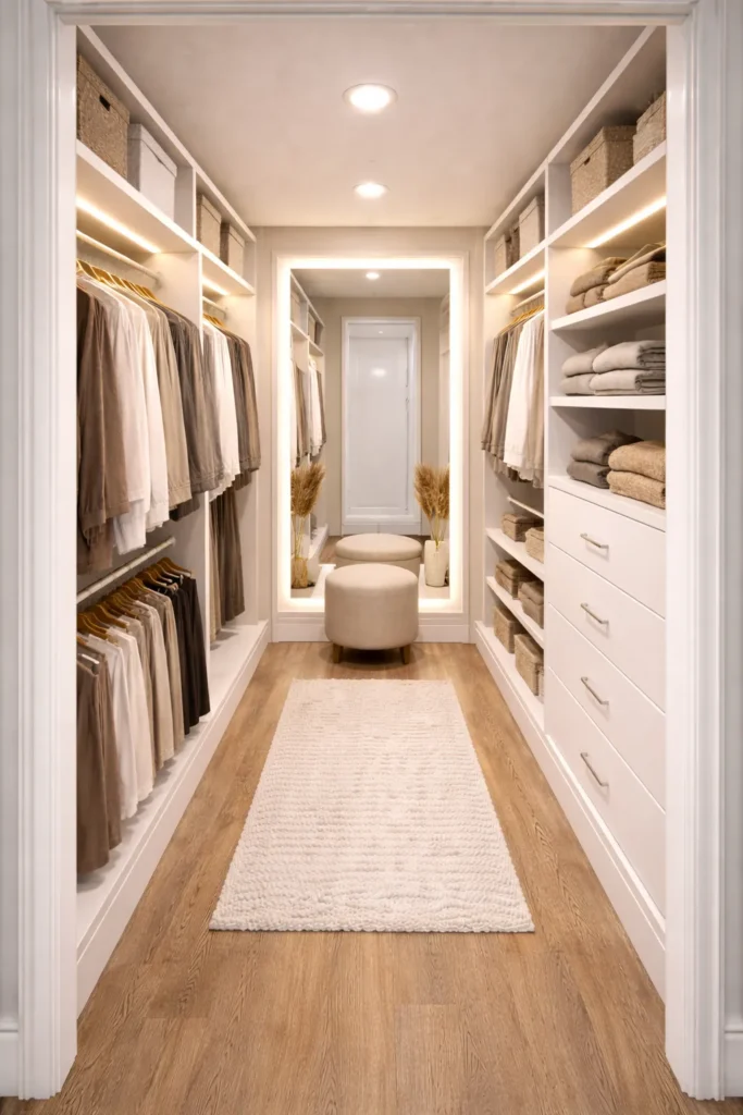 Small Walk-In Closet With Mirror Wall Idea