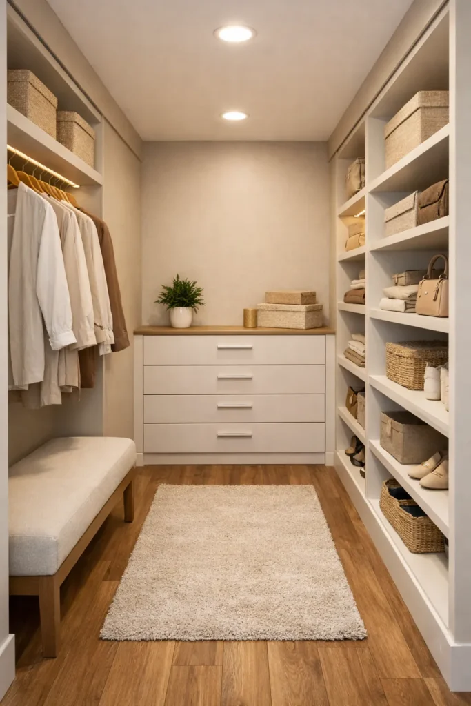 Small Walk-In Closet With Neutral Tones Idea
