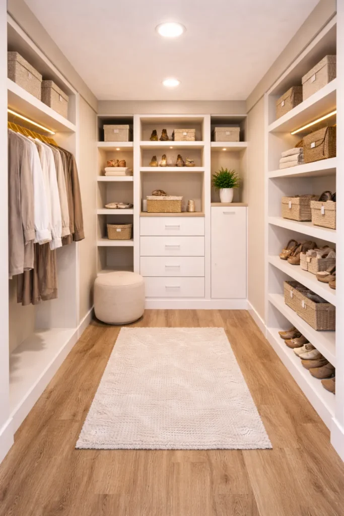 Small Walk-In Closet With End Storage Wall Idea