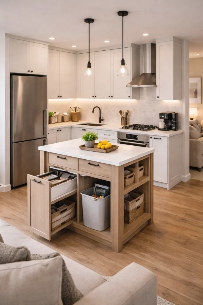 Small Kitchen with Compact Island and Built-In Storage Idea