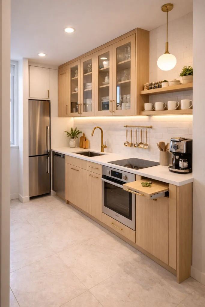 Small Kitchen with Glass Cabinet Doors and Open Shelving Idea
